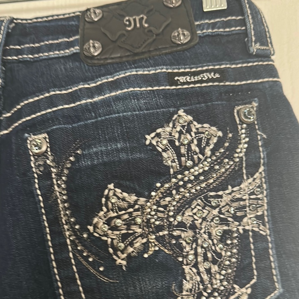 Miss Me Blue Cropped Jeans with Rhinestone Embellishments